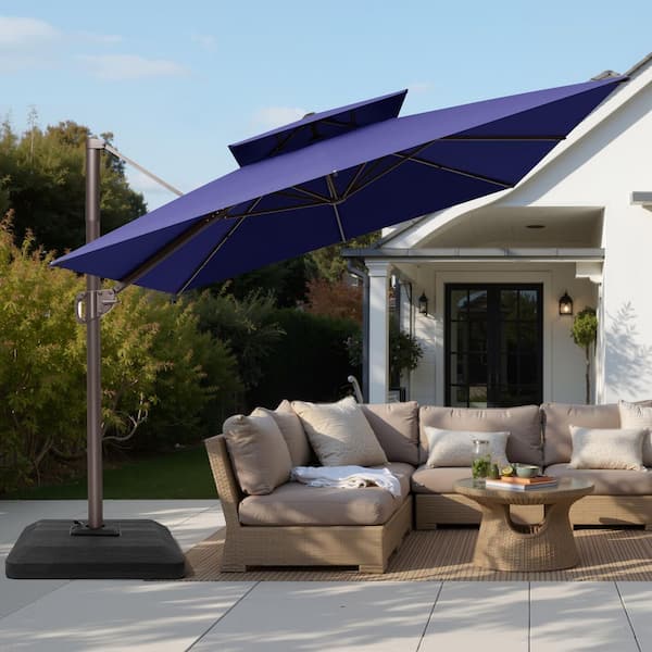 12ft patio offset umbrella 12ft. x9 ft.Tiltable Outdoor Cantilever Umbrella in Navy Blue Double Top Patio Offset Umbrella and 350 lbs.Weighted Base