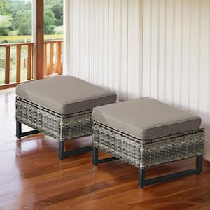 Gray Wicker Outdoor Ottoman with Gray Cushions (Set Of 2)