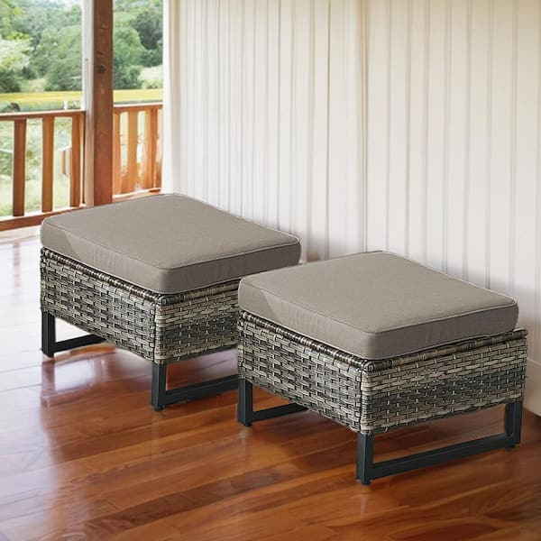 Gymojoy Gray Wicker Outdoor Ottoman with Gray Cushions (Set Of 2)