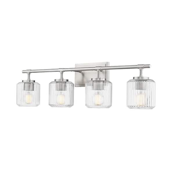Unbranded Landon 32 in. 4 Light Brushed Nickel Vanity Light with Clear Ribbed Glass Shades
