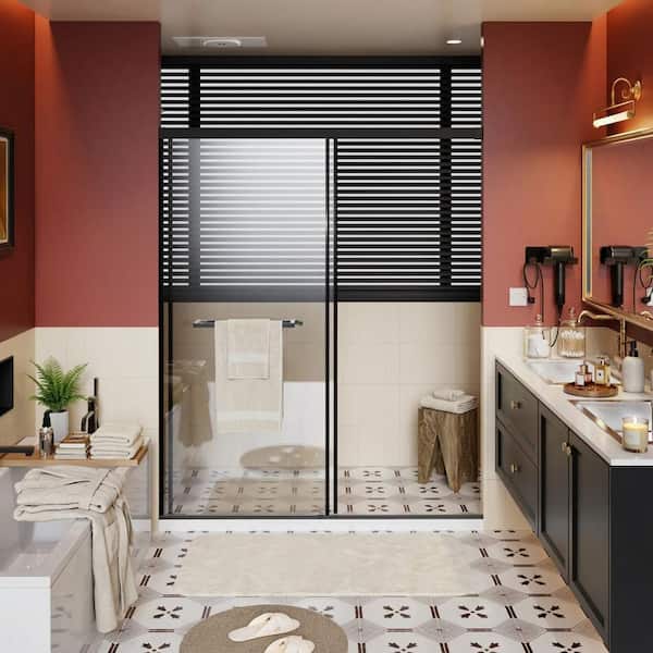 Halden 60 in. W x 72 in. H Framed Sliding Shower Door in Matt Black with Stainless Steel Handle