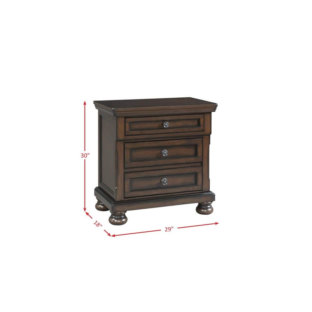 Walnut 3-Drawer Nightstand with USB Ports and Bun Feet