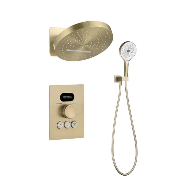 Dimakai Single Handle 3-Spray Shower Faucet 4.76 GPM with Anti Scald Swing Showerhead Thermostatic Shower System in Brushed Gold