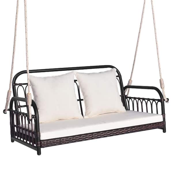 HONEY JOY 2-Person Wicker Hanging Porch Swing with Off White Cushions ...