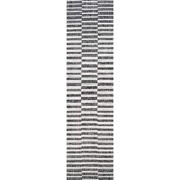 Sukie Black/Ivory 2 ft. x 10 ft. Modern Offset Stripe Indoor/Outdoor Area Rug