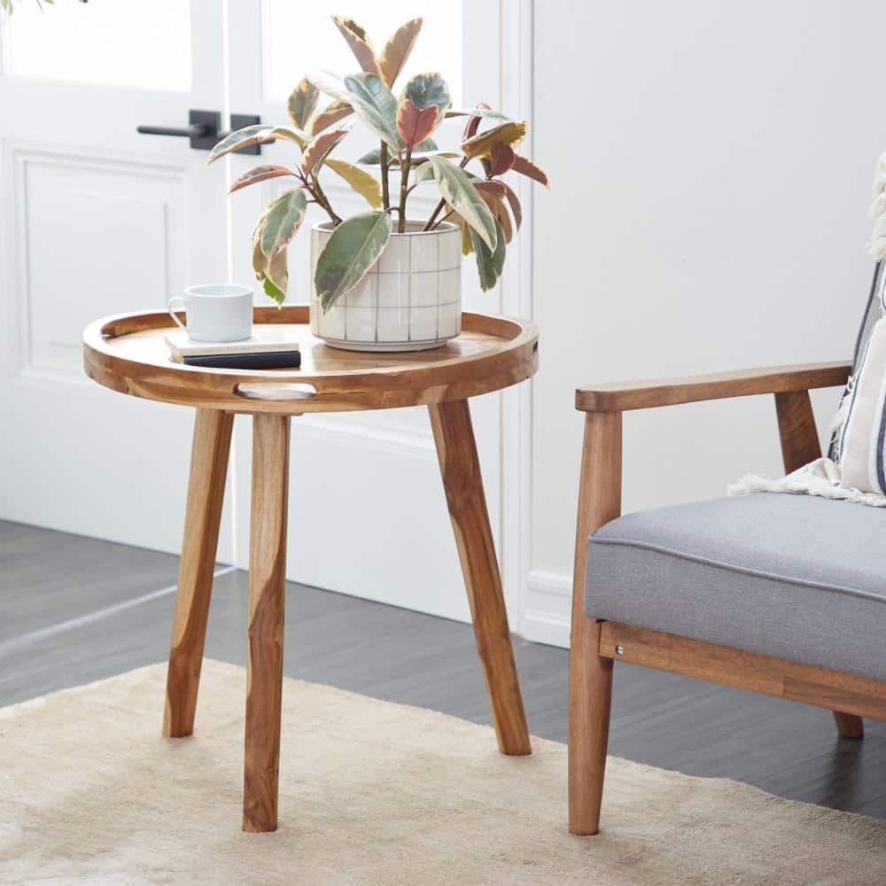 Elegant Round Teak Wood Side Table with Tripod Base - 25" Brown