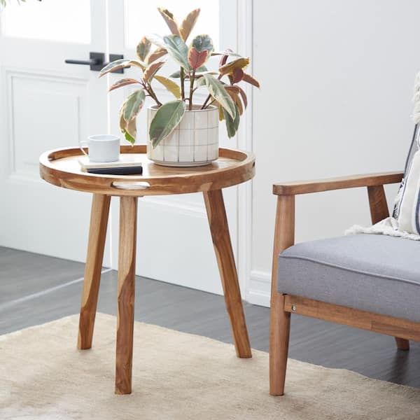 Litton Lane 24 in. Brown Large Round Wood End Accent Table with Tripod Legs and Slot Handles