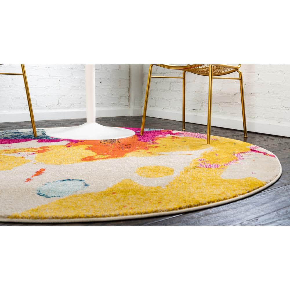 Abstract Blue and Beige Synthetic Round Rug for Easy Care