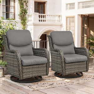 Crescent Gray Wicker Outdoor Rocking Chair Patio Swivel Chairs with CushionGuard Gray Cushions (2-Pack)