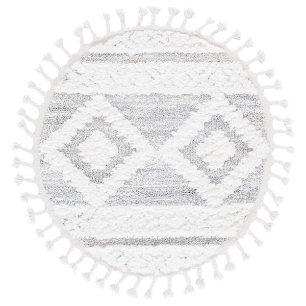 Moroccan Tassel Shag 3 ft. x 3 ft. Ivory/Beige Geometric Fringe Round Area Rug