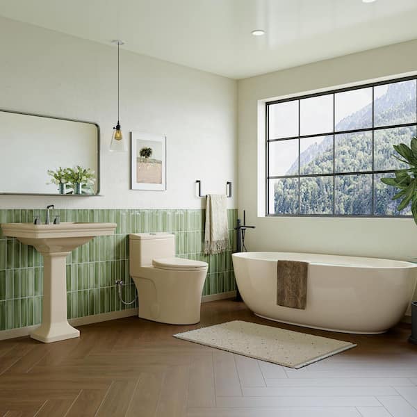 1-piece 0.8/1.28 GPF High Efficiency Dual Flush Elongated Toilet in Biscuit, Seat Included