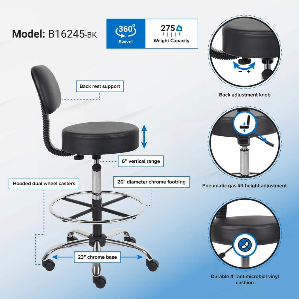 Adjustable Black Leather Medical Drafting Stool