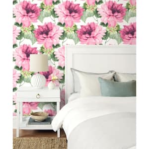 30.75 sq. ft. Cerise Pink and Evergreen Watercolor Floral Vinyl Peel and Stick Wallpaper Roll