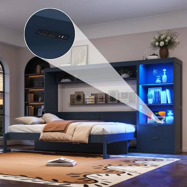 Harper & Bright Designs Blue Wood Frame Queen Size Murphy Bed with ...