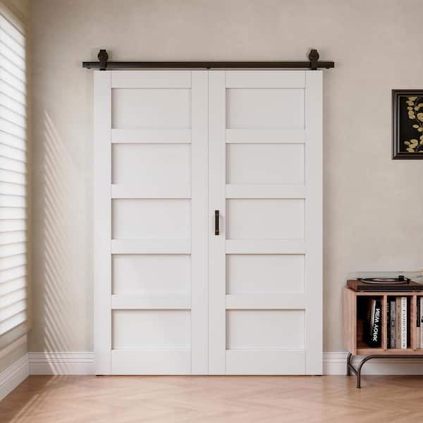 60 in. x 80 in. Paneled 5 Lite White Primed MDF Bifold Sliding Barn Door with Hardware Kit
