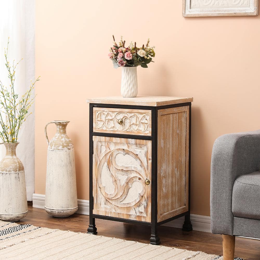 White Fir Wood and Black Iron Bohemian Nightstand with Storage
