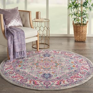 Passion Light Grey/Pink 5 ft. x 5 ft. Persian Medallion Transitional Round Area Rug
