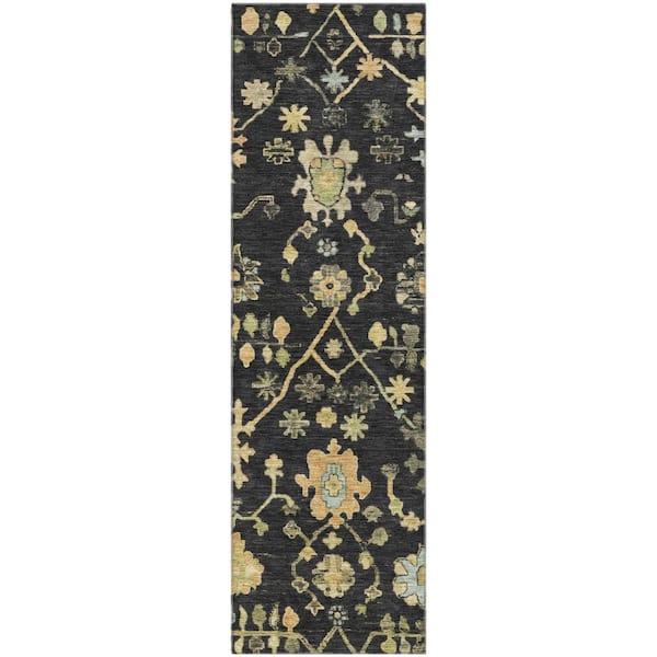 Mayfield Premium Machine Washable Abstract AMF1930 Black 2 ft. x 7 ft. Runner Rug