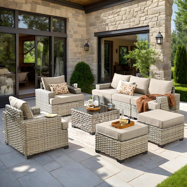 Kelley's 8-Piece Wicker Modern Outdoor Patio Conversation Sofa Seating Set with a LED Table and Beige Cushions