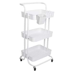 3-Tier White Metal Kitchen Cart Rolling Utility Cart, Storage Organizer with Mesh Baskets, Wheels, Hanging Box Hooks