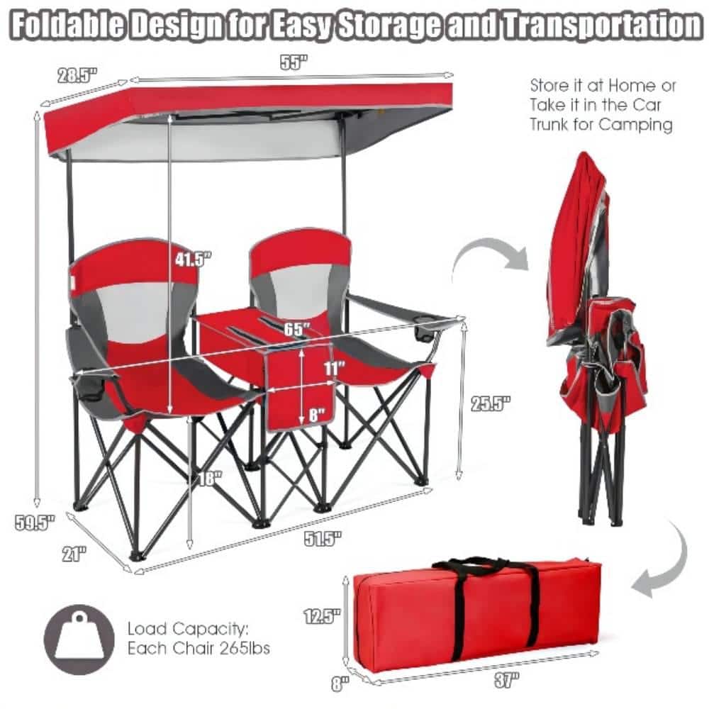 Red Double Folding Camping Chair with Canopy and Cooler