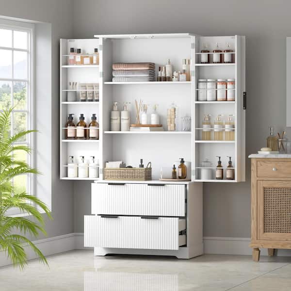 72 in. Modern Fluted White MDF Buffet with 2-Drawers and 8-Door Spice Racks Adjustable Freestanding Pantry Cabinet