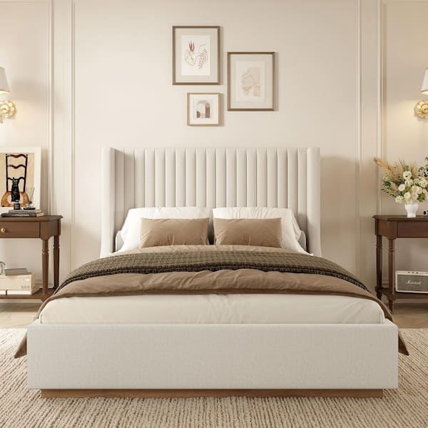 OrangeOne Buzio Beige Solid Wood Frame Queen Size Upholstered Platform Bed with Wood Base