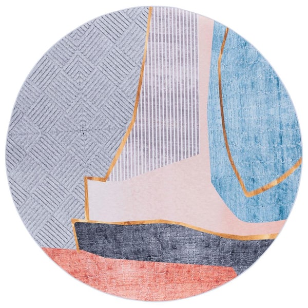 SAFAVIEH Tacoma Beige/Blue 6 ft. x 6 ft. Machine Washable Abstract Striped Geometric Round Area Rug