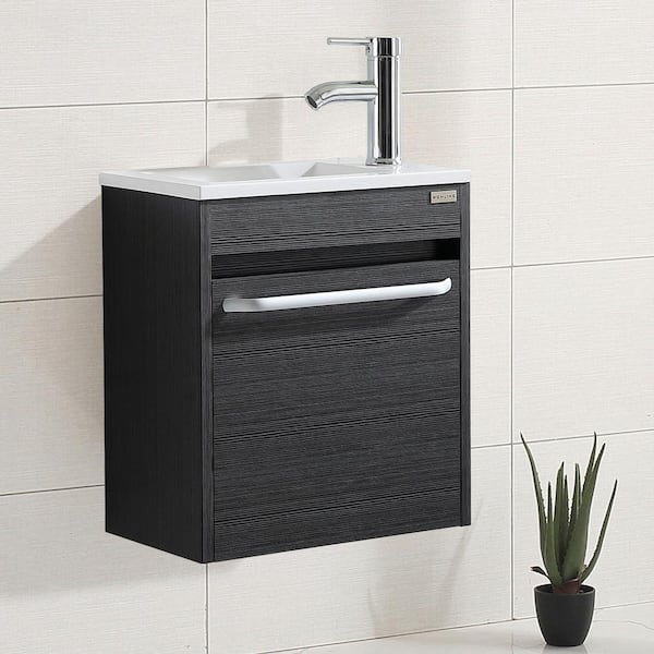 Walsport 16 Inch Small Bathroom Vanity With Sink – Wall Mounted, Narrow Depth, Brown MDF Cabinet, White Resin Basin, Chrome Faucet Included