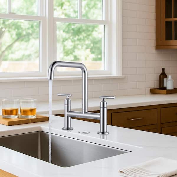 Double Handle Bridge Faucet with Kitchen Sink Hole Cover in Polished Chrome
