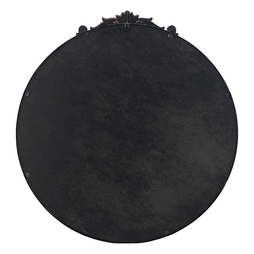 30" Black Metal Round Wall Mirror with Carved Rose Detail