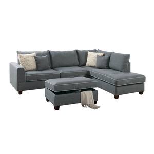 105 in. 3-Piece Square Arm Fabric 6-Seater L-Shaped Sectional Sofa with Wood Legs in Gray