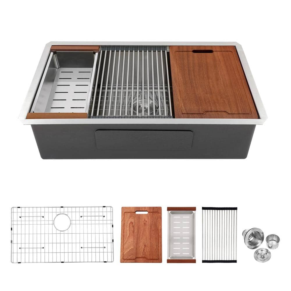 30 in. Undermount Single Bowl 16 Gauge Brushed Nickel Stainless Steel  Kitchen Sink with Drying Rack and Cutting Board price history on PriceWatchPro