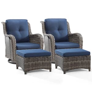 4-Piece Wicker Patio Outdoor Conversation Rocking Chair Set with Blue Cushions