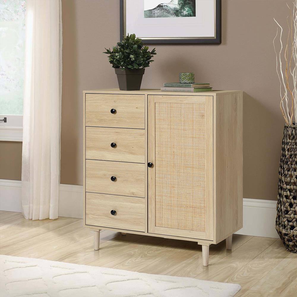 White Oak and Rattan 4-Drawer Storage Cabinet