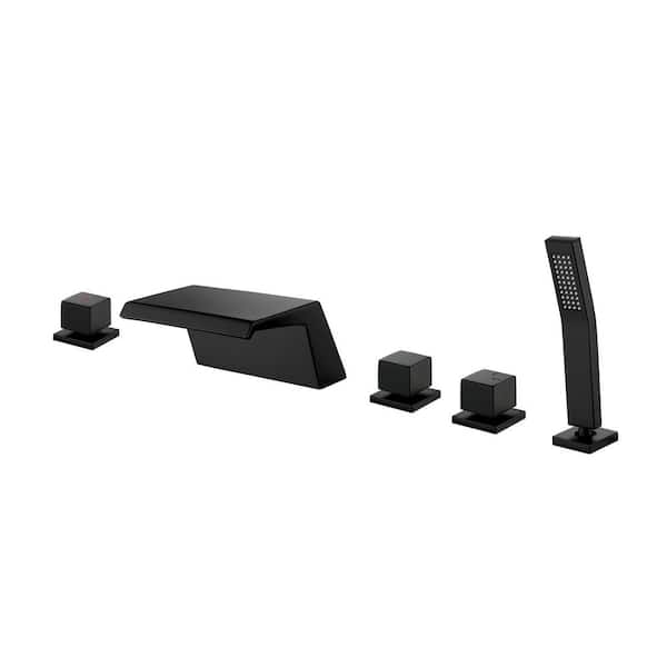 WELLFOR 3-Handle Deck-Mount Waterfall Roman Tub Faucet with Hand Shower in Matte Black