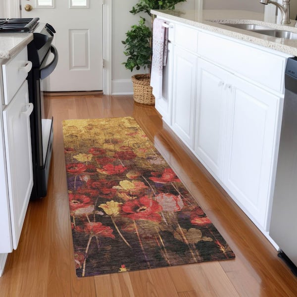 Mayfield Premium Machine Washable Abstract AMF992 Gold 2 ft. 3 in. x 7 ft. 6 in. Runner Rug