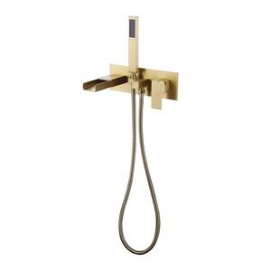 Wall Mounted Bathtub Faucet with Handhold Shower Single-Handle Roman Tub Faucet with Brass Rough-in Valve in Gold