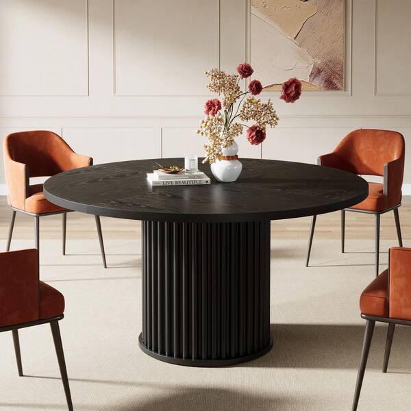 Roesler Black Wood 47 in. Wood Circular Pedestal Round Dinning Room Dining Table Seat-4 Industrial Modern Simple