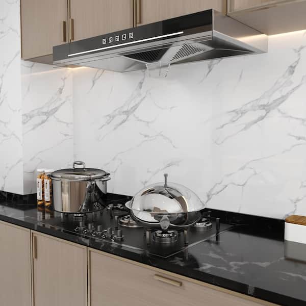23.62 in .x 196.85 in. Peel and Stick Kitchen Wallpaper, PET Greaseproof Wall Sticker, Easy to Clean, White Marble