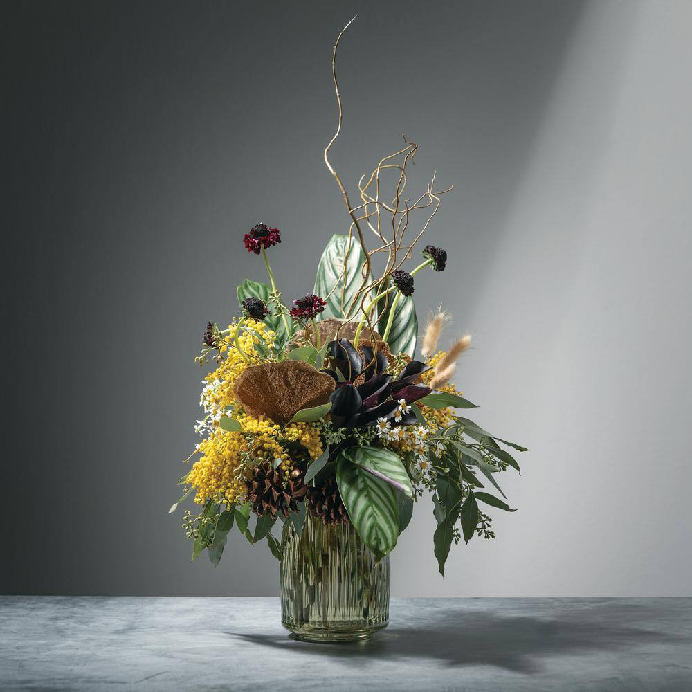 Green Ribbed Glass Vase for Table Centerpieces