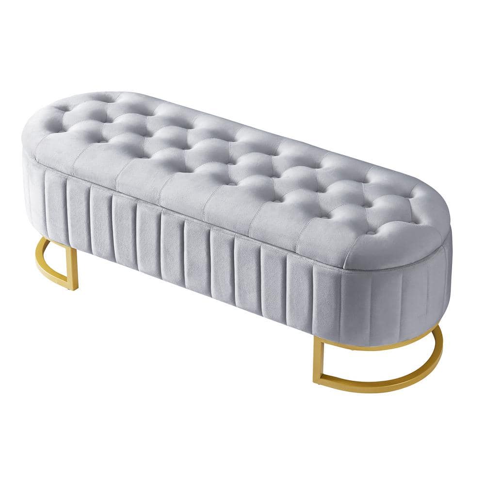 Gray 47 in. Velvet Upholstered Bedroom Bench Storage Ottoman with Button-Tu