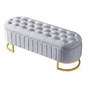 Gray 47 in. Velvet Upholstered Bedroom Bench Storage Ottoman with Button-Tufted Storage Bench with Metal Legs