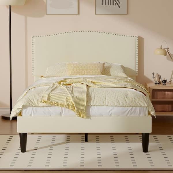 VECELO Platform Bed Frame Beige Metal Frame Twin Platform Bed with Upholstered Headboard, Strong Frame and Wooden Slats Support