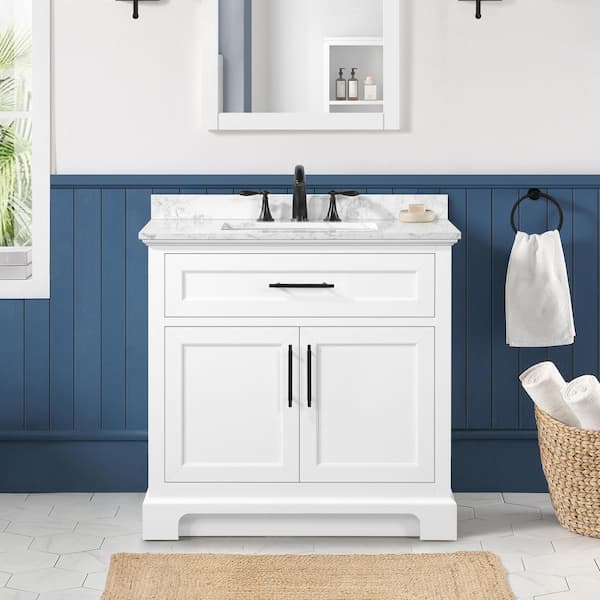 Home Decorators Collection Doveton 36 in. Single Sink Freestanding White Bath Vanity with White Engineered Marble Top (Fully Assembled)