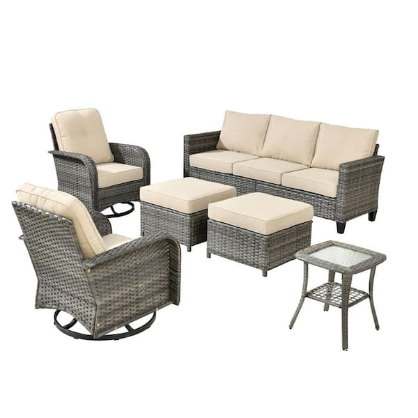 Daphne 6-Piece Wicker Patio Conversation Sofa Seating Swivel Rocking Chairs Set with Ottomans and Beige Cushions