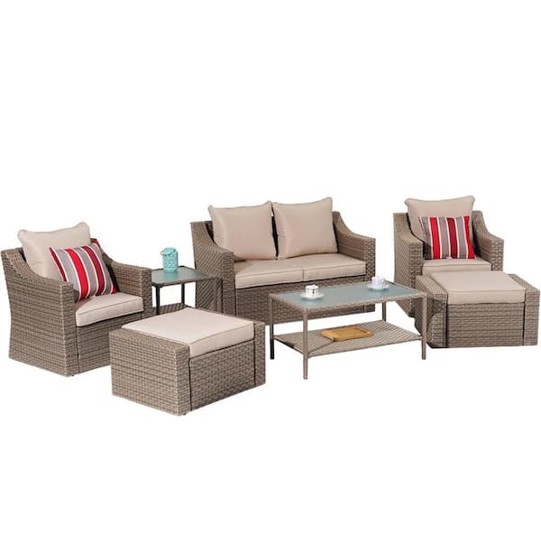 Redroofy 8-Piece Wicker Patio Conversation Set with Beige Cushions