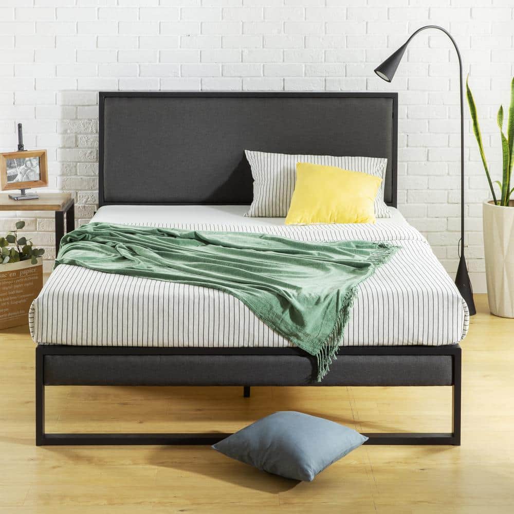 Christina King Gray Upholstered Metal Platform Bed with Headboard