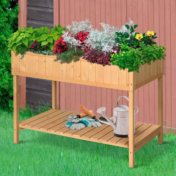 Siavonce Raised Garden Bed with 8 Pockets and Shelf, Wood Elevated