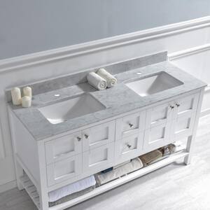 Basildon 61 in. W x 22 in. D Double Basin Carrara Marble Vanity Top in Carrara White with White Vitreous China Basins